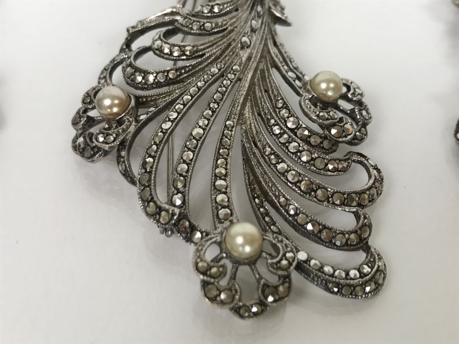 Vintage 835-935 Silver Marcasite Peacock Brooch And Matching Screw Clip Earrings 34.6g [Photo 17]