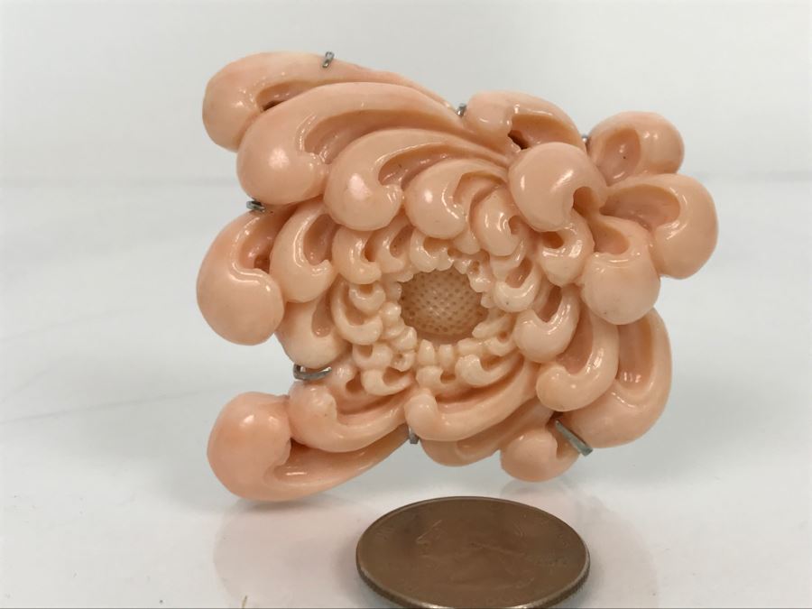 Fabulous Carved Floral Pink Coral Brooch With Sterling Silver Backing 76.8g FMV $750-$1,000