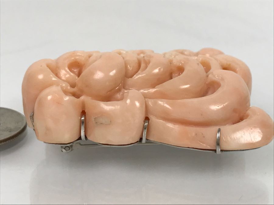 Fabulous Carved Floral Pink Coral Brooch With Sterling Silver Backing 76.8g FMV $750-$1,000 [Photo 12]