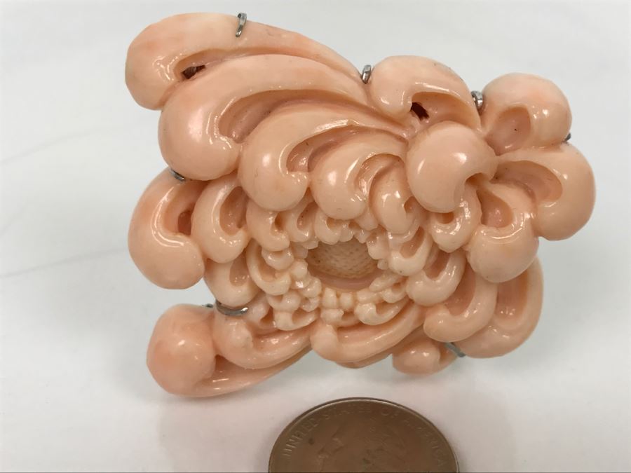 Fabulous Carved Floral Pink Coral Brooch With Sterling Silver Backing 76.8g FMV $750-$1,000 [Photo 23]