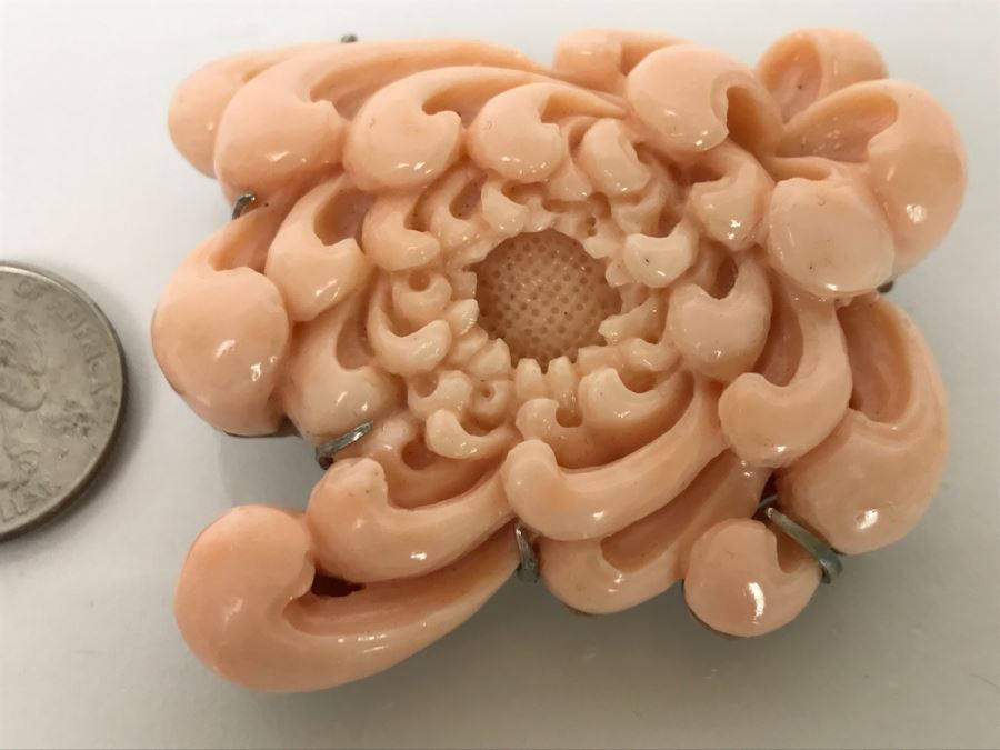 Fabulous Carved Floral Pink Coral Brooch With Sterling Silver Backing 76.8g FMV $750-$1,000 [Photo 4]