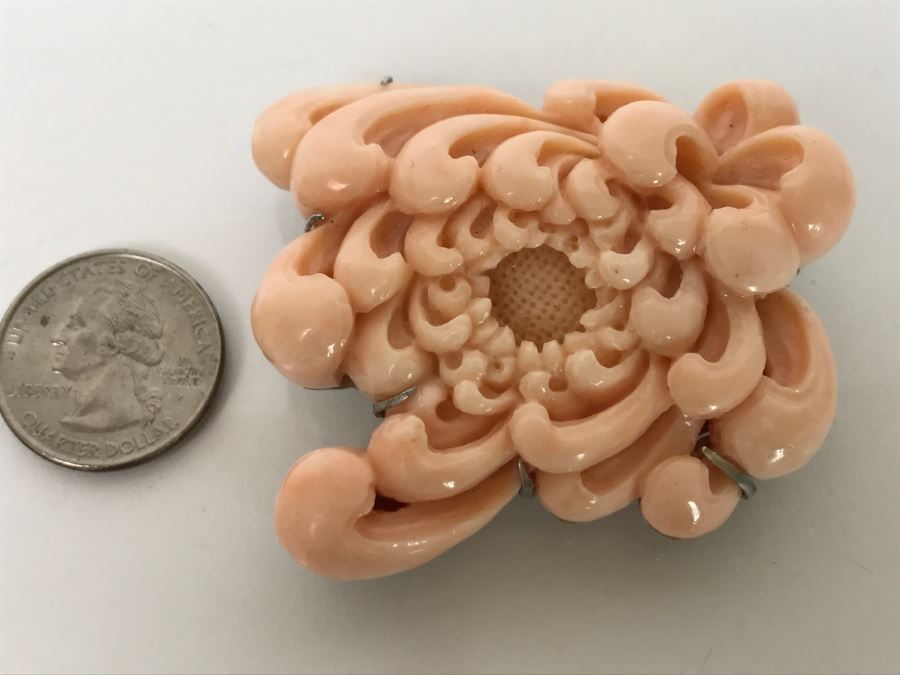 Fabulous Carved Floral Pink Coral Brooch With Sterling Silver Backing 76.8g FMV $750-$1,000 [Photo 3]
