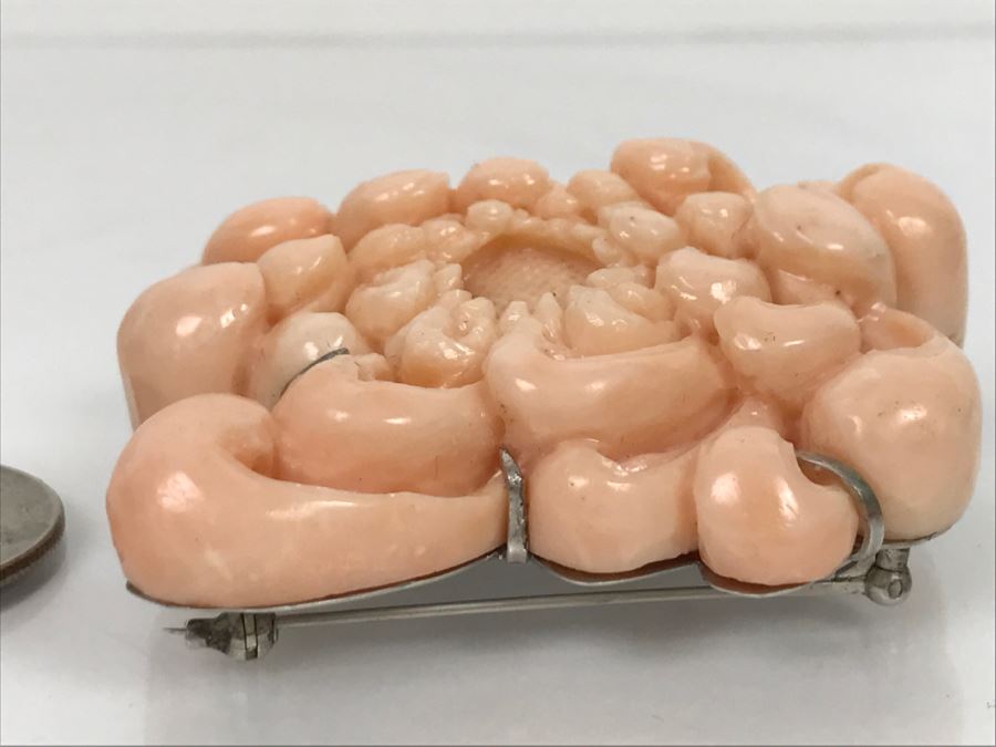 Fabulous Carved Floral Pink Coral Brooch With Sterling Silver Backing 76.8g FMV $750-$1,000 [Photo 6]