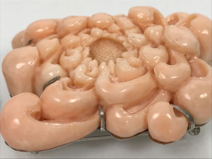 Fabulous Carved Floral Pink Coral Brooch With Sterling Silver Backing 76.8g FMV $750-$1,000 [Photo 8]