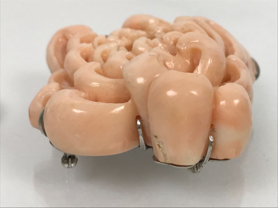 Fabulous Carved Floral Pink Coral Brooch With Sterling Silver Backing 76.8g FMV $750-$1,000 [Photo 13]