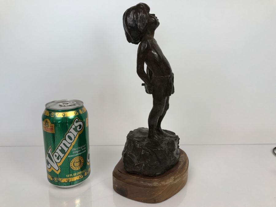 Vintage 1976 Renee Thompson Bronze Sculpture Depicting Native American Boy Hiding A Peace Pipe Behind His Back 3 Of 15 [Photo 5]