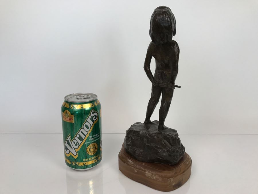 Vintage 1976 Renee Thompson Bronze Sculpture Depicting Native American Boy Hiding A Peace Pipe Behind His Back 3 Of 15 [Photo 6]