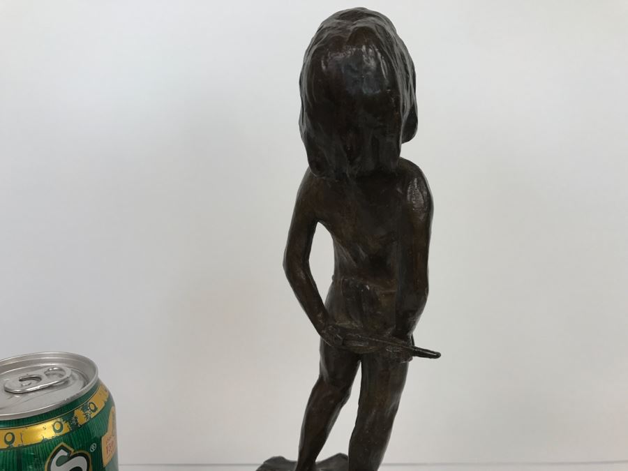 Vintage 1976 Renee Thompson Bronze Sculpture Depicting Native American Boy Hiding A Peace Pipe Behind His Back 3 Of 15 [Photo 7]
