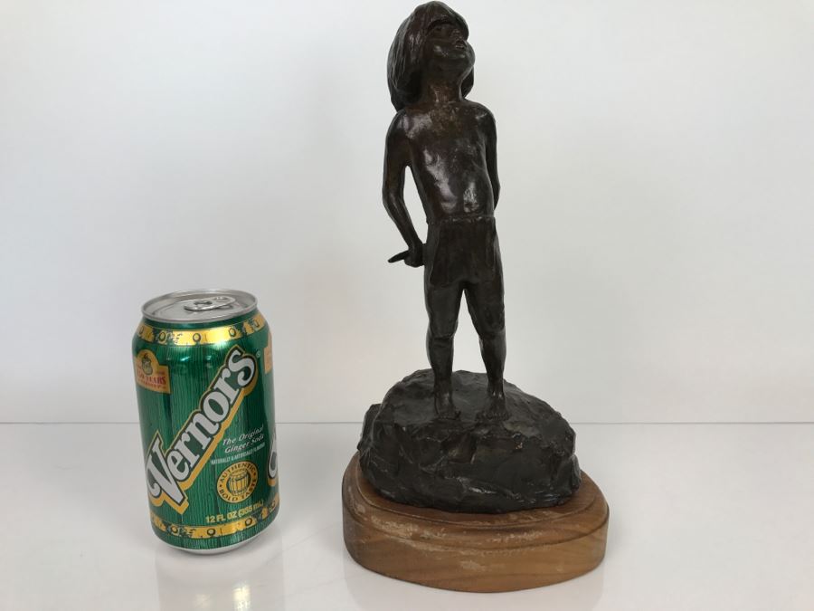 Vintage 1976 Renee Thompson Bronze Sculpture Depicting Native American Boy Hiding A Peace Pipe Behind His Back 3 Of 15