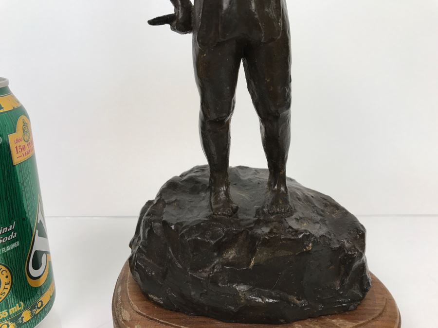 Vintage 1976 Renee Thompson Bronze Sculpture Depicting Native American Boy Hiding A Peace Pipe Behind His Back 3 Of 15 [Photo 4]