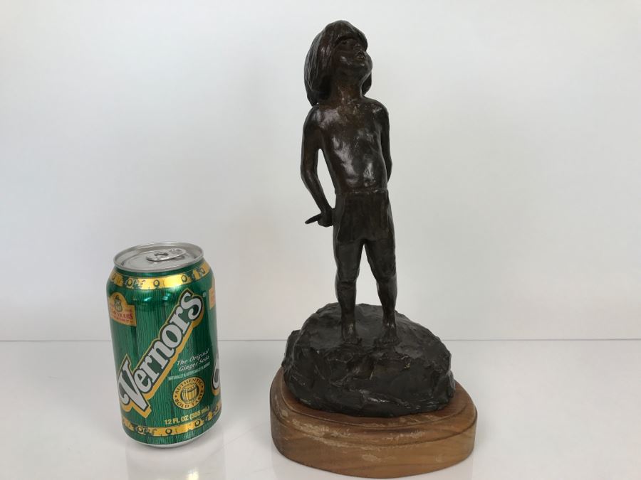 Vintage 1976 Renee Thompson Bronze Sculpture Depicting Native American Boy Hiding A Peace Pipe Behind His Back 3 Of 15 [Photo 2]