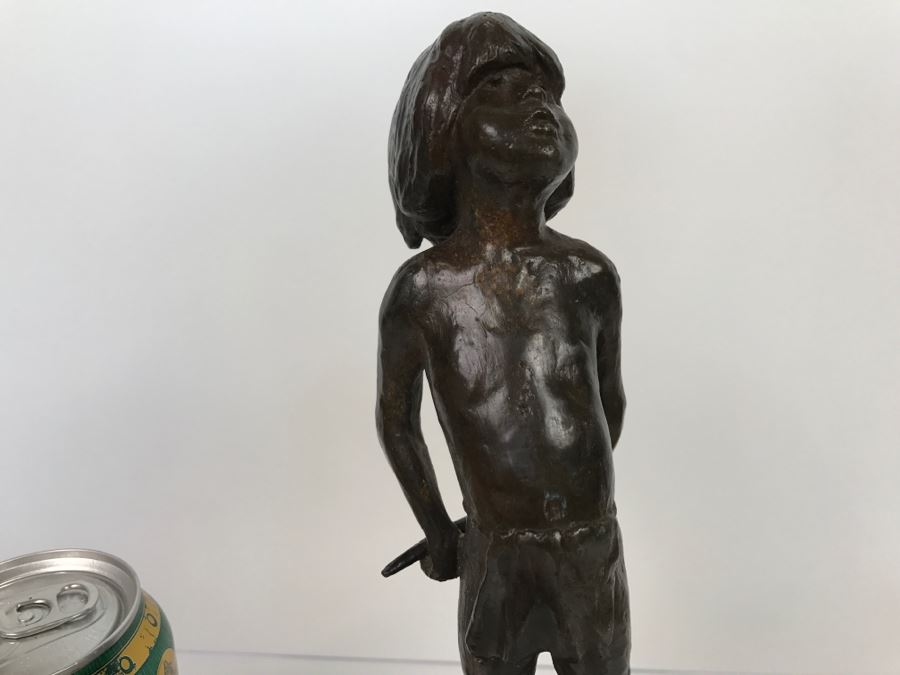 Vintage 1976 Renee Thompson Bronze Sculpture Depicting Native American Boy Hiding A Peace Pipe Behind His Back 3 Of 15 [Photo 3]