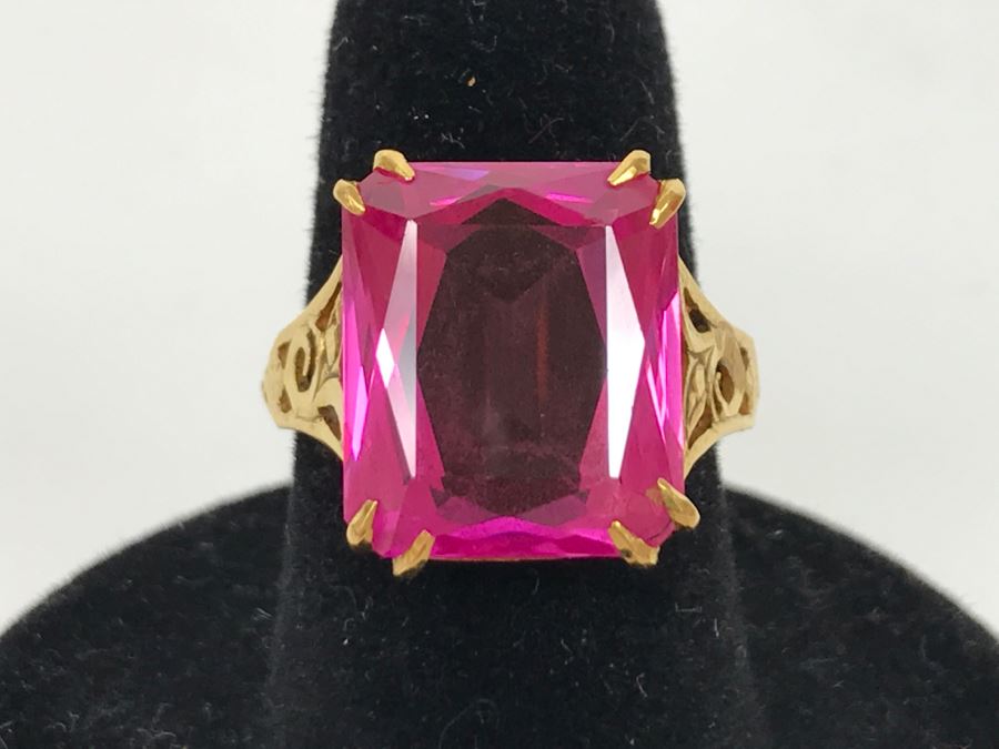 22K Yellow Gold Synthetic Pink Sapphire Ring 6.8g Ring Size 6.5 [Photo 3]