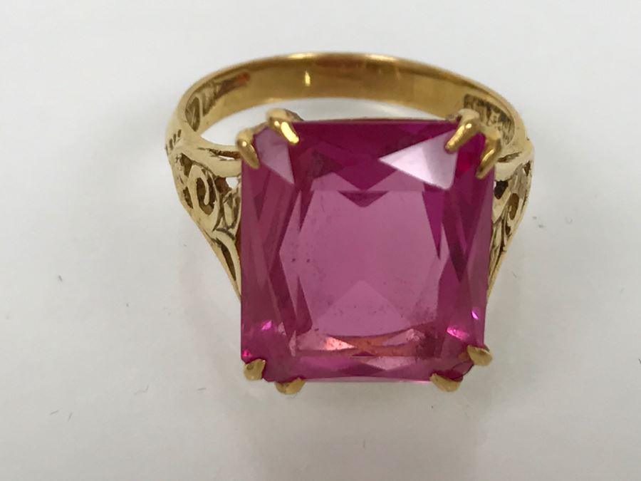 22K Yellow Gold Synthetic Pink Sapphire Ring 6.8g Ring Size 6.5 [Photo 13]