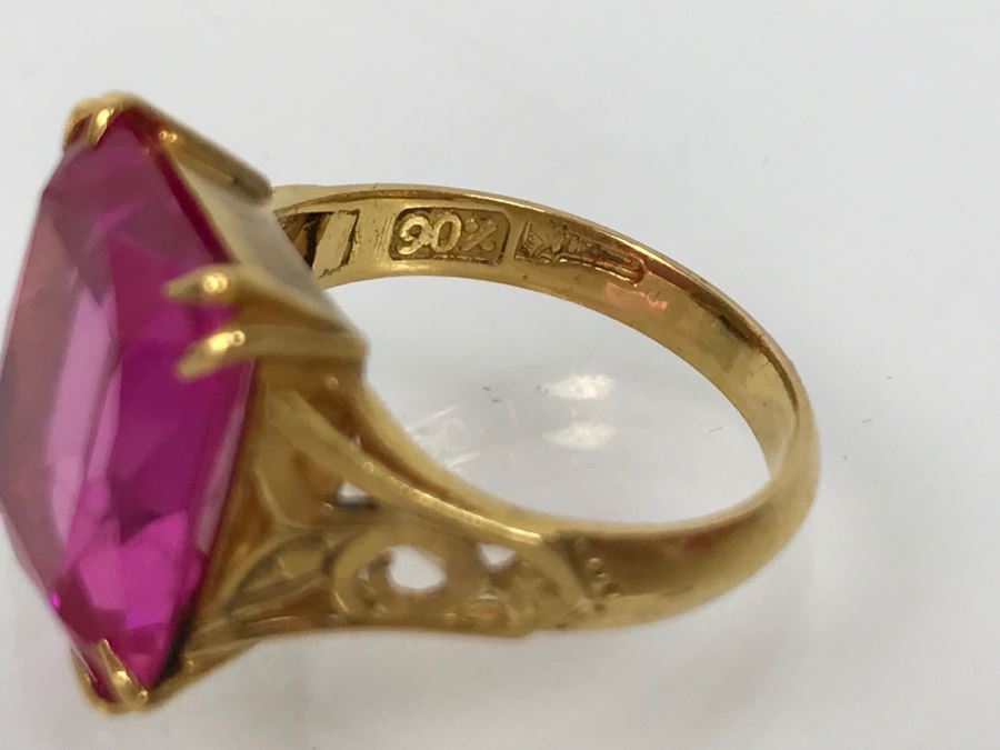 22K Yellow Gold Synthetic Pink Sapphire Ring 6.8g Ring Size 6.5 [Photo 14]