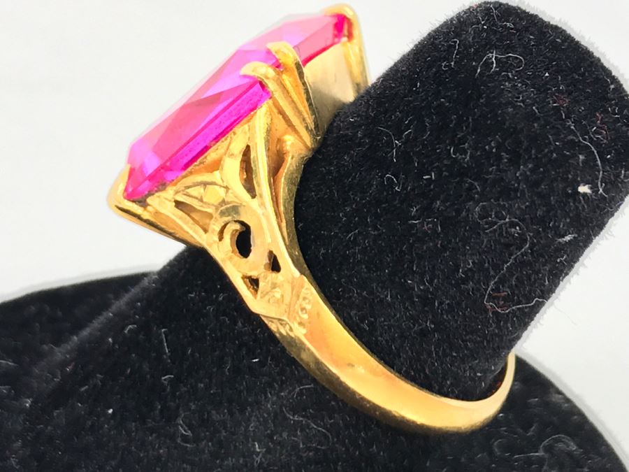 22K Yellow Gold Synthetic Pink Sapphire Ring 6.8g Ring Size 6.5 [Photo 11]