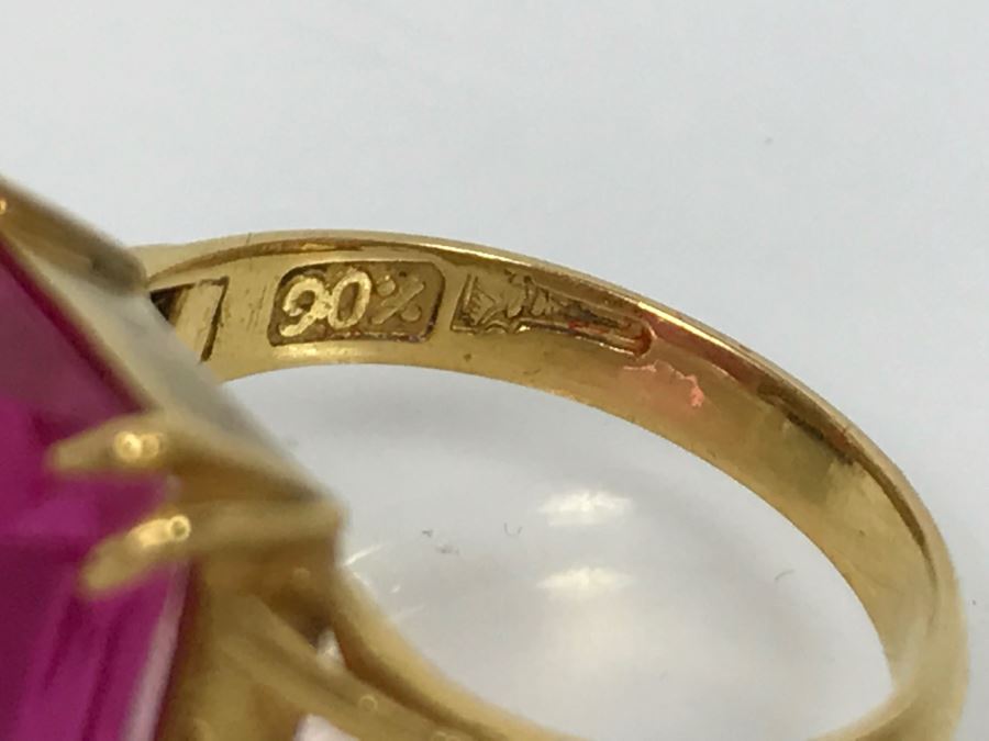 22K Yellow Gold Synthetic Pink Sapphire Ring 6.8g Ring Size 6.5 [Photo 16]