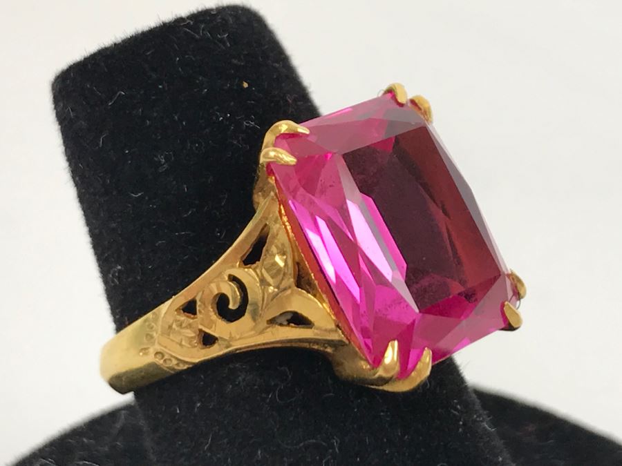 22K Yellow Gold Synthetic Pink Sapphire Ring 6.8g Ring Size 6.5 [Photo 6]