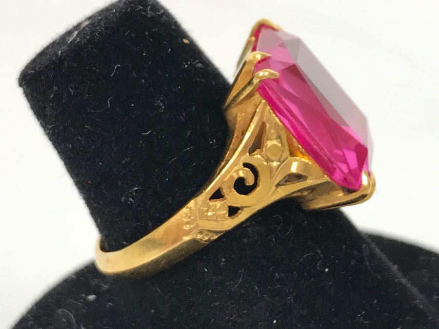 22K Yellow Gold Synthetic Pink Sapphire Ring 6.8g Ring Size 6.5 [Photo 7]