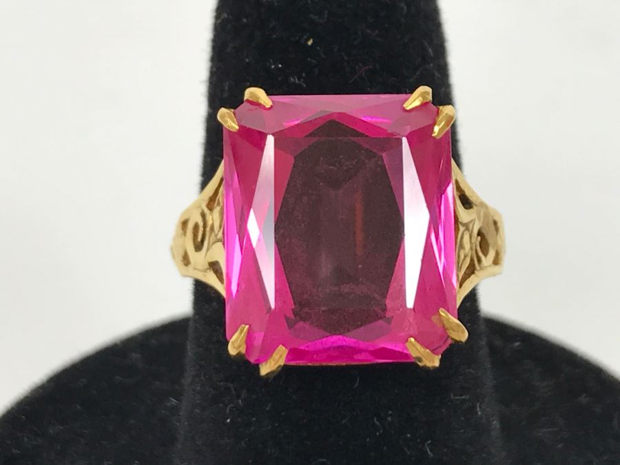 22K Yellow Gold Synthetic Pink Sapphire Ring 6.8g Ring Size 6.5 [Photo 4]
