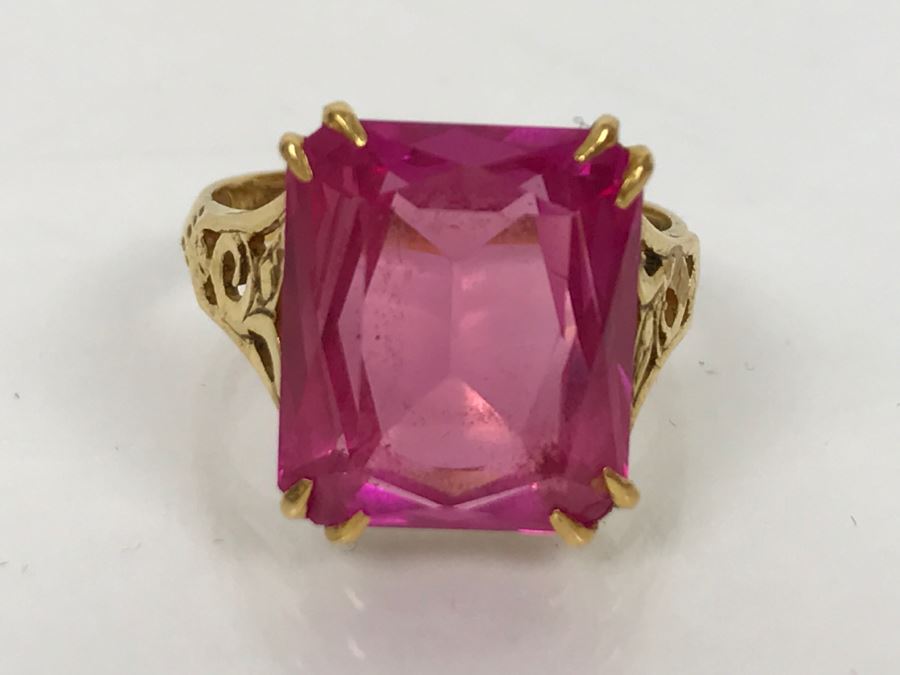 22K Yellow Gold Synthetic Pink Sapphire Ring 6.8g Ring Size 6.5 [Photo 12]
