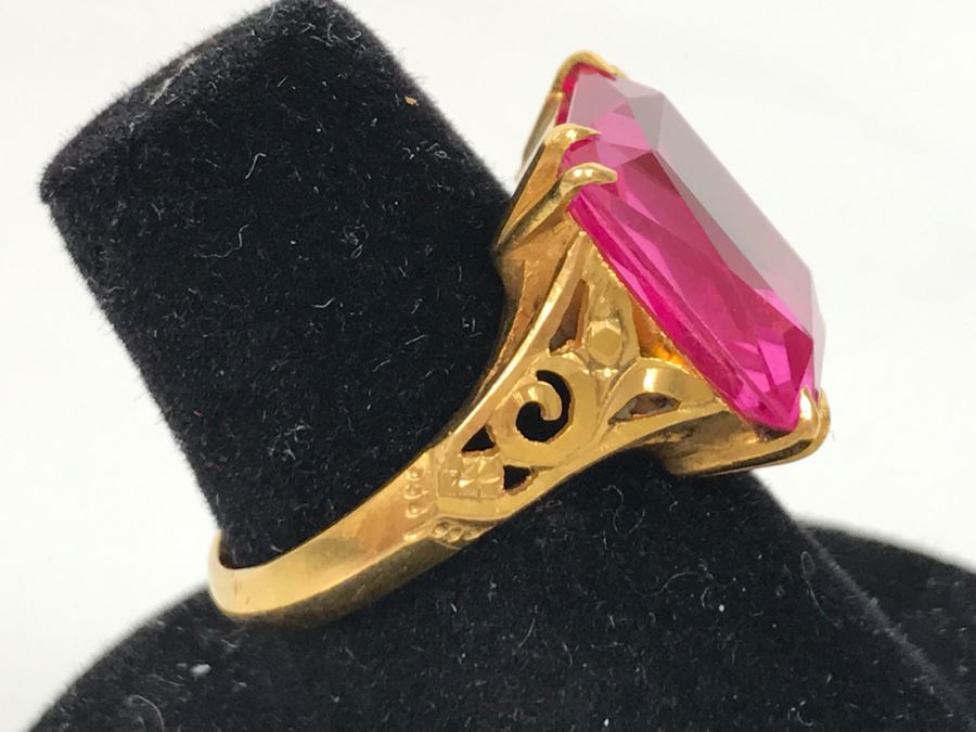22K Yellow Gold Synthetic Pink Sapphire Ring 6.8g Ring Size 6.5 [Photo 8]