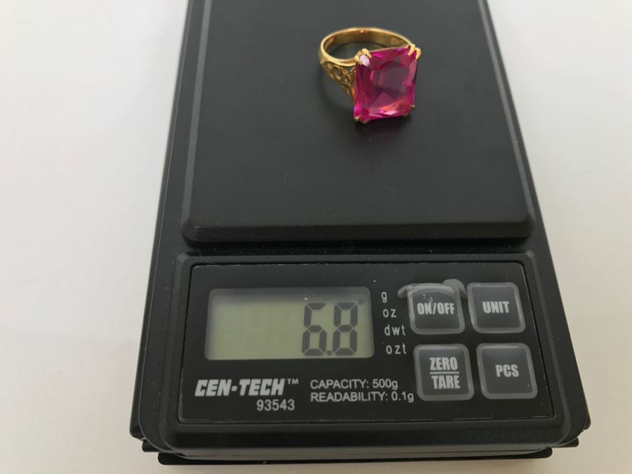 22K Yellow Gold Synthetic Pink Sapphire Ring 6.8g Ring Size 6.5 [Photo 21]