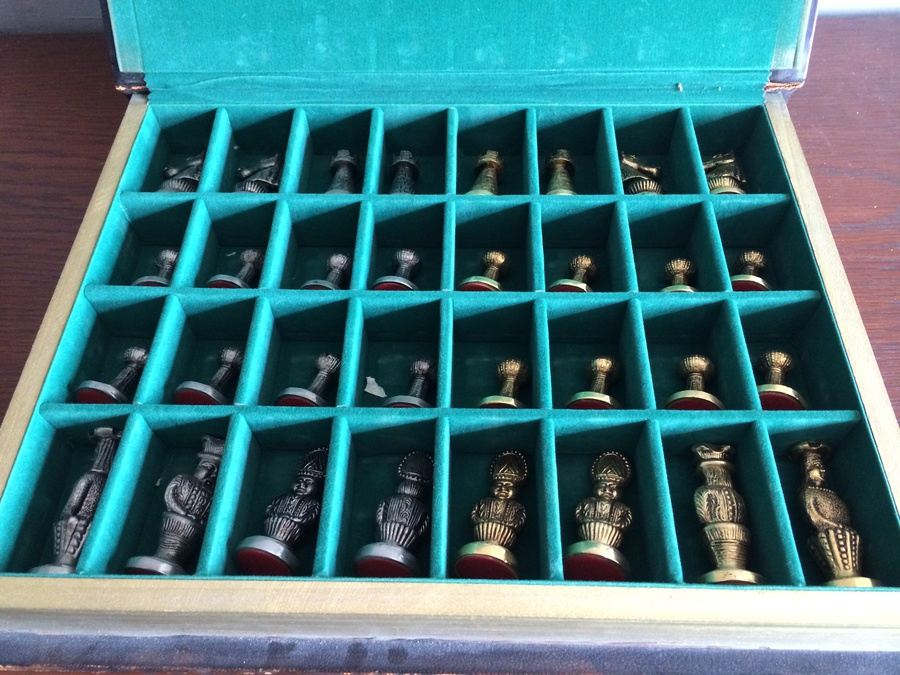 Metal Chess Set in Leather Bound Book Style Storage Case [Photo 2]
