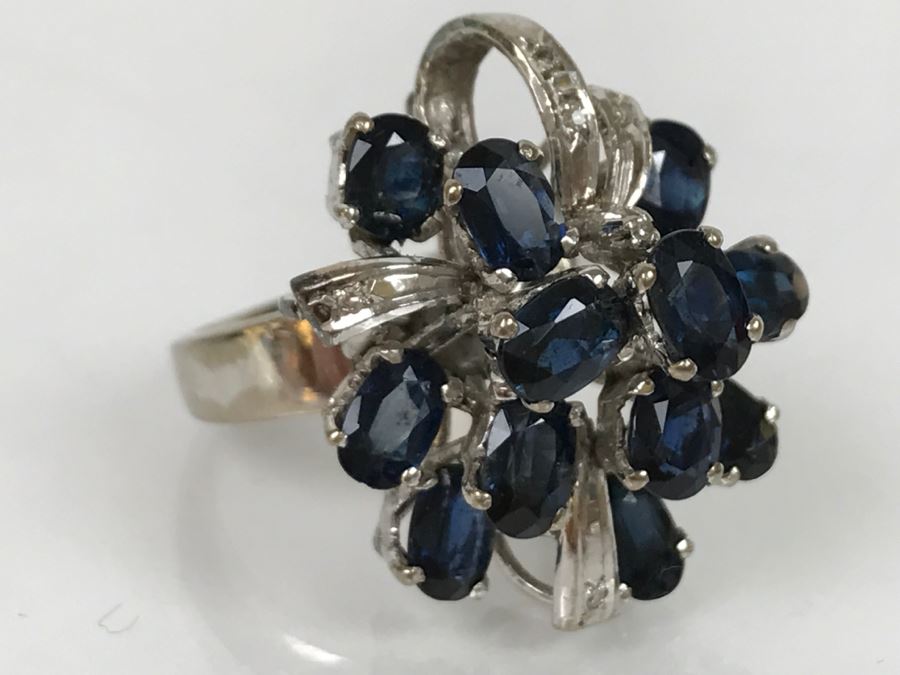 Vintage 14K White Gold Sapphire And Diamond Cocktail Cluster Ring Apx 12.0 Carats Total Of Sapphires And Apx .10CTTW Diamonds 10g FMV $1,000 [Photo 40]