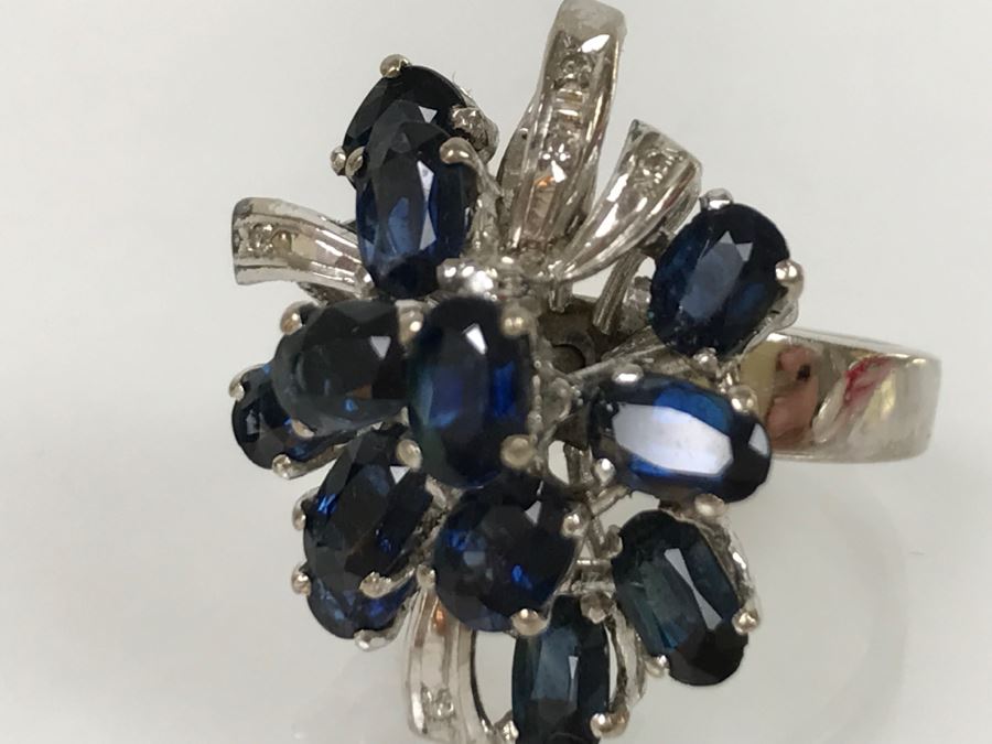 Vintage 14K White Gold Sapphire And Diamond Cocktail Cluster Ring Apx 12.0 Carats Total Of Sapphires And Apx .10CTTW Diamonds 10g FMV $1,000 [Photo 42]