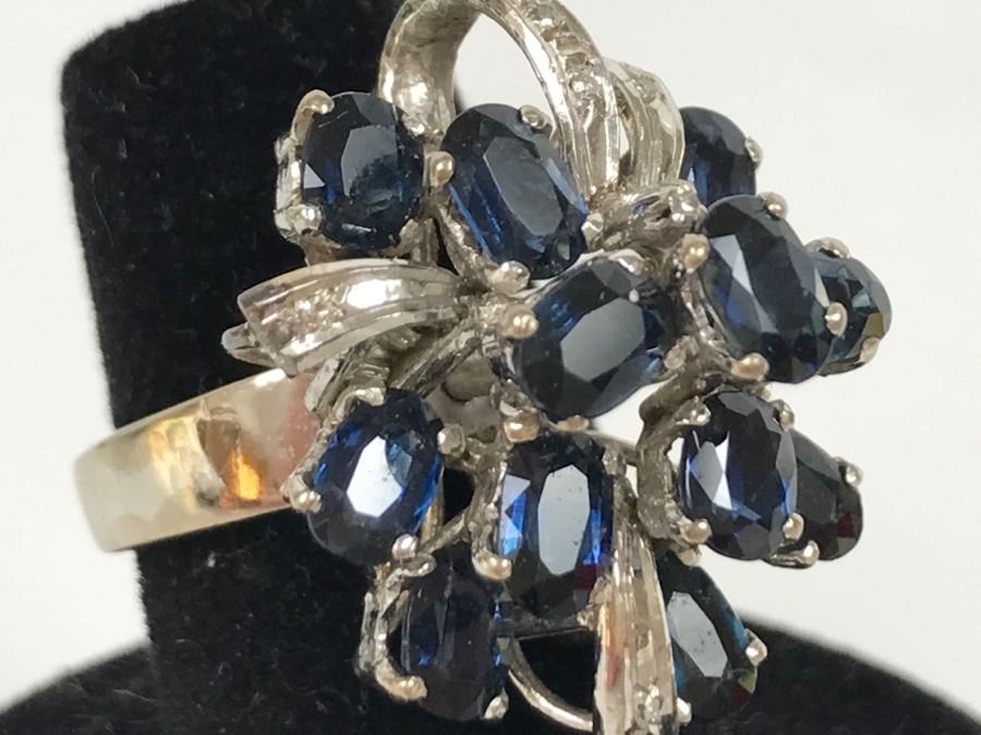 Vintage 14K White Gold Sapphire And Diamond Cocktail Cluster Ring Apx 12.0 Carats Total Of Sapphires And Apx .10CTTW Diamonds 10g FMV $1,000 [Photo 24]