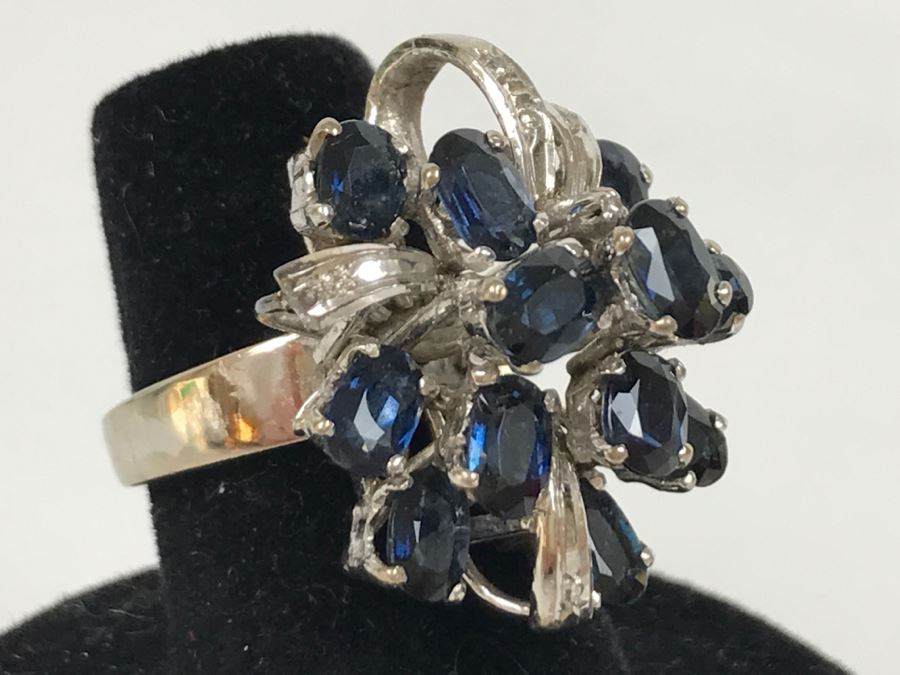 Vintage 14K White Gold Sapphire And Diamond Cocktail Cluster Ring Apx 12.0 Carats Total Of Sapphires And Apx .10CTTW Diamonds 10g FMV $1,000 [Photo 25]