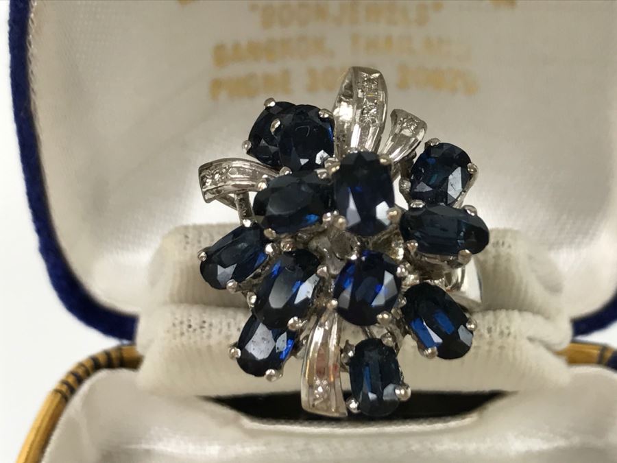 Vintage 14K White Gold Sapphire And Diamond Cocktail Cluster Ring Apx 12.0 Carats Total Of Sapphires And Apx .10CTTW Diamonds 10g FMV $1,000 [Photo 1]