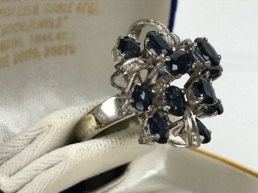 Vintage 14K White Gold Sapphire And Diamond Cocktail Cluster Ring Apx 12.0 Carats Total Of Sapphires And Apx .10CTTW Diamonds 10g FMV $1,000 [Photo 11]