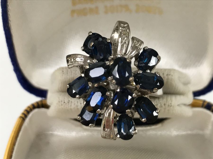 Vintage 14K White Gold Sapphire And Diamond Cocktail Cluster Ring Apx 12.0 Carats Total Of Sapphires And Apx .10CTTW Diamonds 10g FMV $1,000 [Photo 8]
