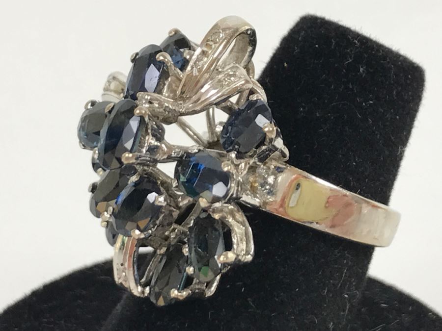 Vintage 14K White Gold Sapphire And Diamond Cocktail Cluster Ring Apx 12.0 Carats Total Of Sapphires And Apx .10CTTW Diamonds 10g FMV $1,000 [Photo 33]