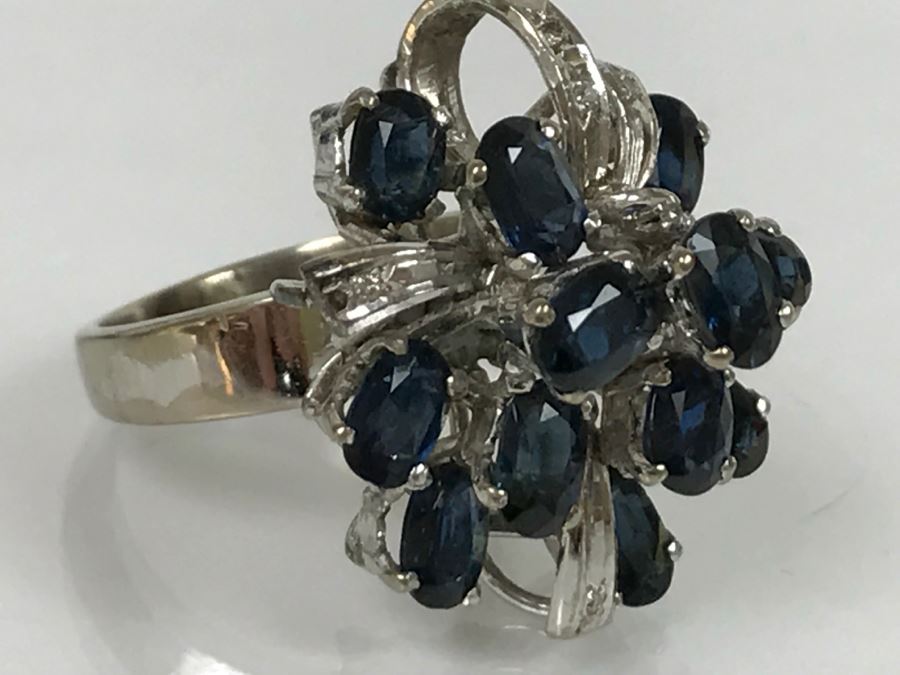 Vintage 14K White Gold Sapphire And Diamond Cocktail Cluster Ring Apx 12.0 Carats Total Of Sapphires And Apx .10CTTW Diamonds 10g FMV $1,000 [Photo 20]