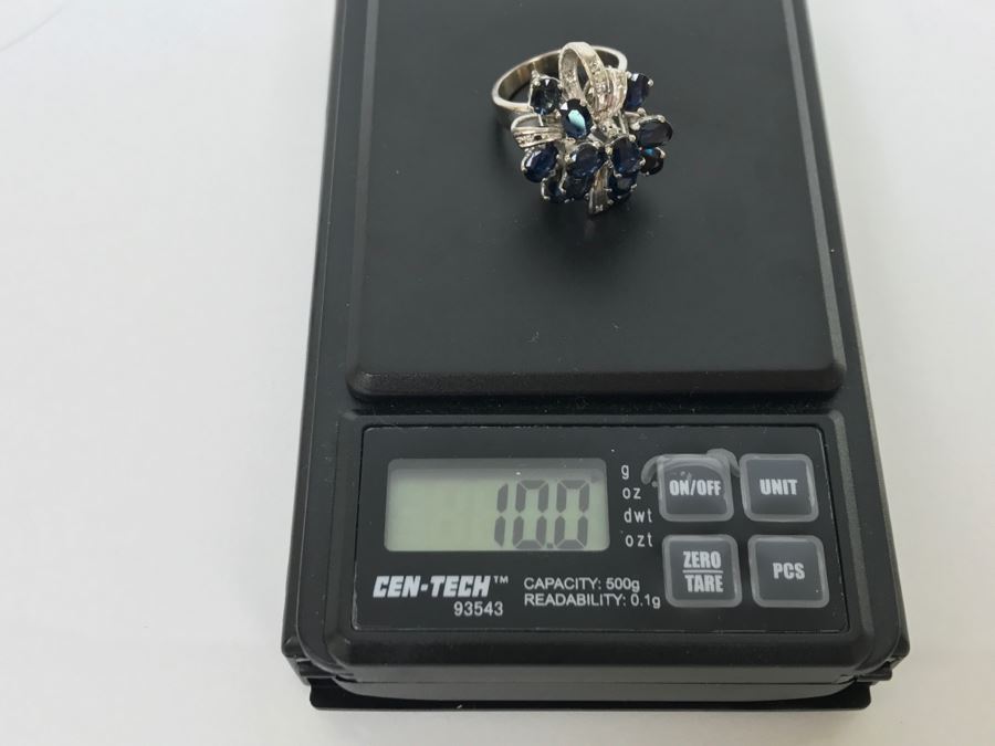Vintage 14K White Gold Sapphire And Diamond Cocktail Cluster Ring Apx 12.0 Carats Total Of Sapphires And Apx .10CTTW Diamonds 10g FMV $1,000 [Photo 46]