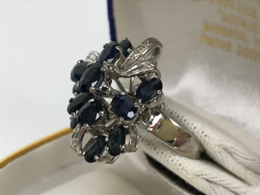 Vintage 14K White Gold Sapphire And Diamond Cocktail Cluster Ring Apx 12.0 Carats Total Of Sapphires And Apx .10CTTW Diamonds 10g FMV $1,000 [Photo 14]