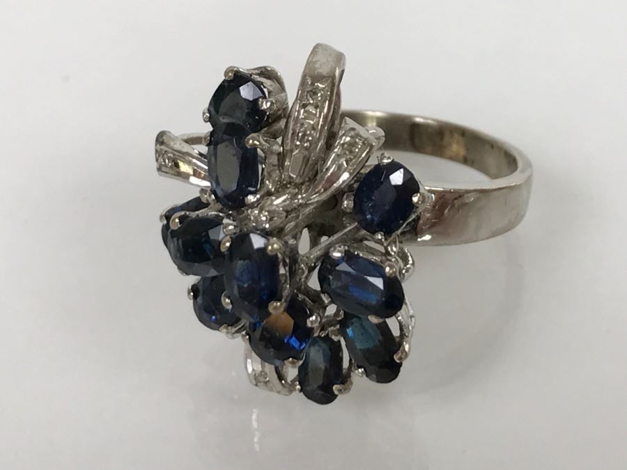 Vintage 14K White Gold Sapphire And Diamond Cocktail Cluster Ring Apx 12.0 Carats Total Of Sapphires And Apx .10CTTW Diamonds 10g FMV $1,000 [Photo 45]