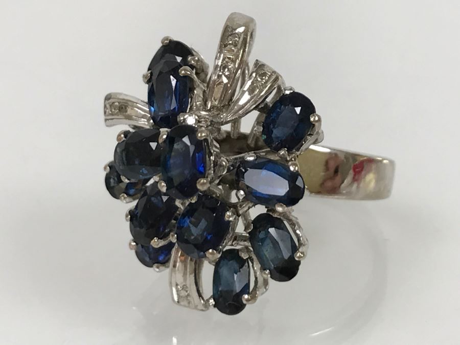 Vintage 14K White Gold Sapphire And Diamond Cocktail Cluster Ring Apx 12.0 Carats Total Of Sapphires And Apx .10CTTW Diamonds 10g FMV $1,000 [Photo 43]