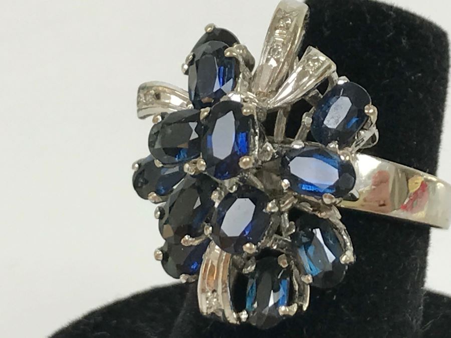 Vintage 14K White Gold Sapphire And Diamond Cocktail Cluster Ring Apx 12.0 Carats Total Of Sapphires And Apx .10CTTW Diamonds 10g FMV $1,000 [Photo 38]