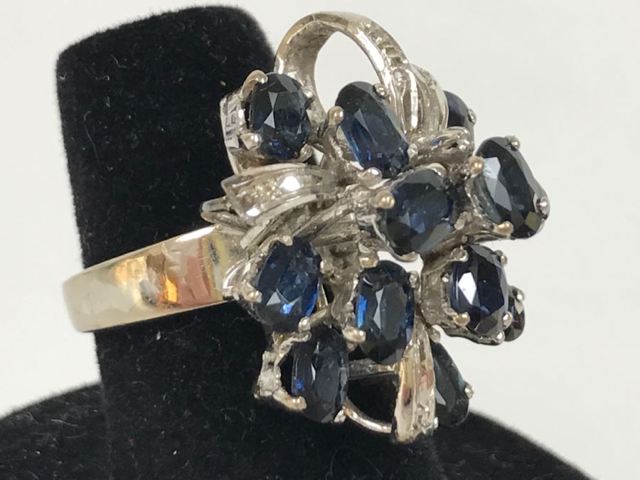 Vintage 14K White Gold Sapphire And Diamond Cocktail Cluster Ring Apx 12.0 Carats Total Of Sapphires And Apx .10CTTW Diamonds 10g FMV $1,000 [Photo 26]