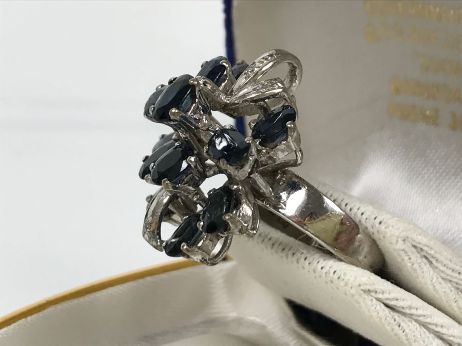 Vintage 14K White Gold Sapphire And Diamond Cocktail Cluster Ring Apx 12.0 Carats Total Of Sapphires And Apx .10CTTW Diamonds 10g FMV $1,000 [Photo 15]
