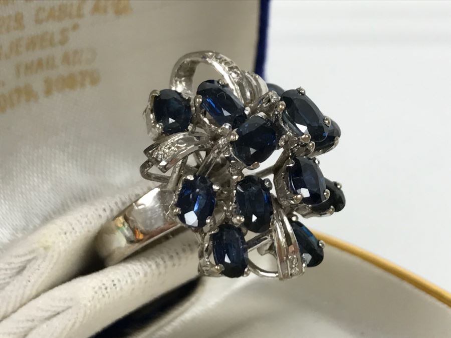 Vintage 14K White Gold Sapphire And Diamond Cocktail Cluster Ring Apx 12.0 Carats Total Of Sapphires And Apx .10CTTW Diamonds 10g FMV $1,000 [Photo 10]
