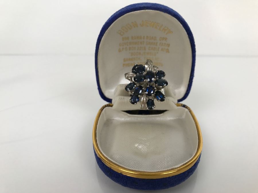 Vintage 14K White Gold Sapphire And Diamond Cocktail Cluster Ring Apx 12.0 Carats Total Of Sapphires And Apx .10CTTW Diamonds 10g FMV $1,000 [Photo 3]