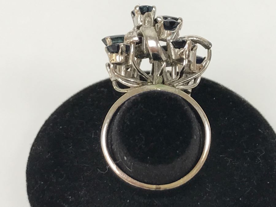 Vintage 14K White Gold Sapphire And Diamond Cocktail Cluster Ring Apx 12.0 Carats Total Of Sapphires And Apx .10CTTW Diamonds 10g FMV $1,000 [Photo 29]