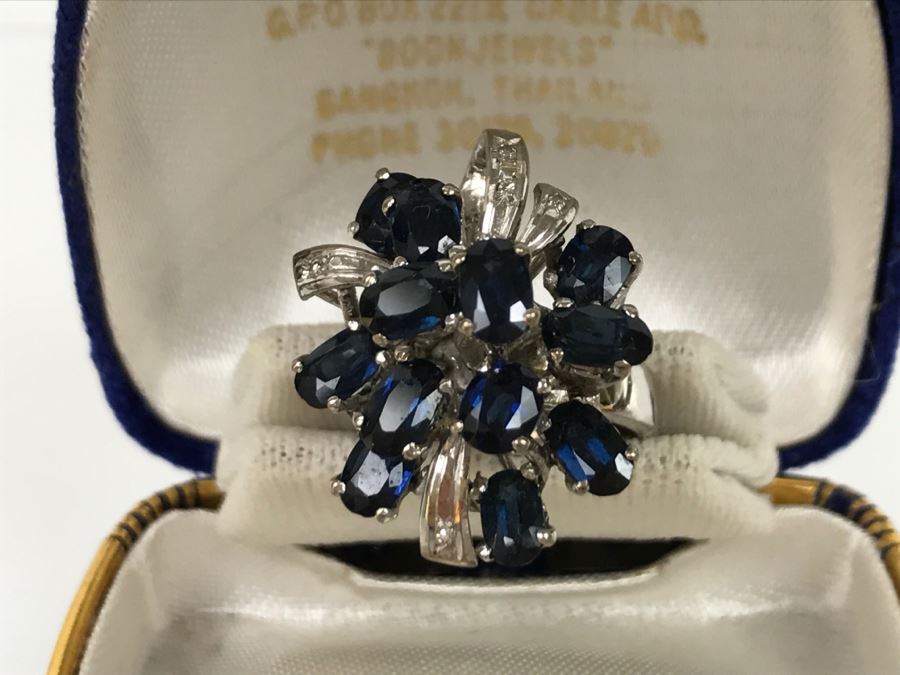 Vintage 14K White Gold Sapphire And Diamond Cocktail Cluster Ring Apx 12.0 Carats Total Of Sapphires And Apx .10CTTW Diamonds 10g FMV $1,000 [Photo 5]