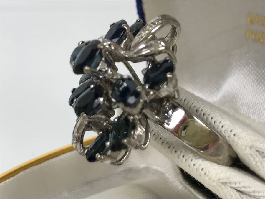Vintage 14K White Gold Sapphire And Diamond Cocktail Cluster Ring Apx 12.0 Carats Total Of Sapphires And Apx .10CTTW Diamonds 10g FMV $1,000 [Photo 13]