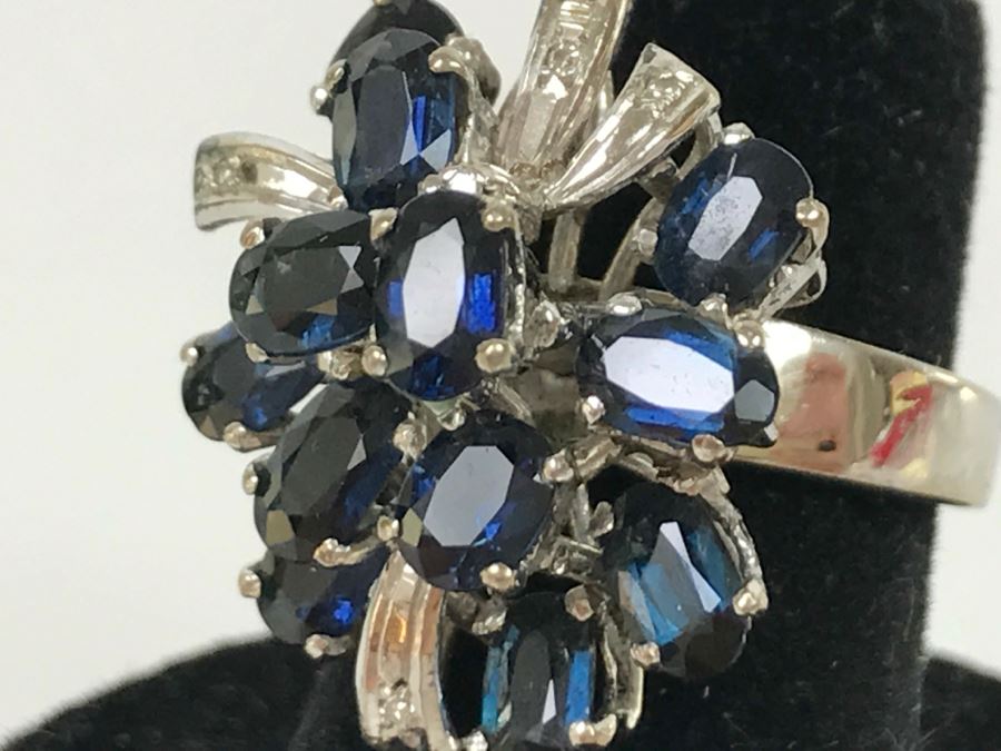 Vintage 14K White Gold Sapphire And Diamond Cocktail Cluster Ring Apx 12.0 Carats Total Of Sapphires And Apx .10CTTW Diamonds 10g FMV $1,000 [Photo 37]